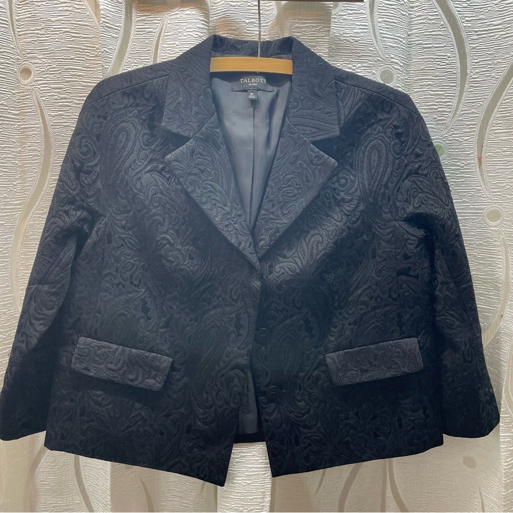 Talbots Blazer Womens 8P Black Excellent Paisley Jacquard Notched Lapel 2-Button